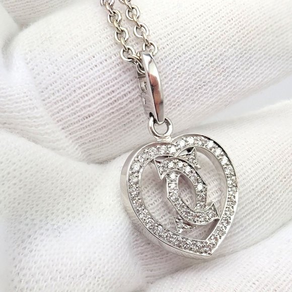Authentic! Cartier Double C Heart 18k White Gold Diamond Pendant Necklace - Picture 2 of 11